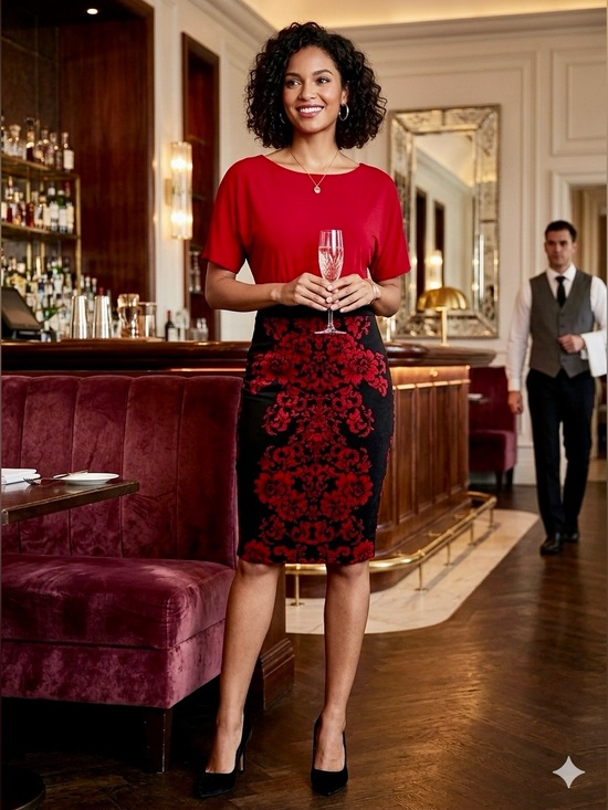 VENUS Dresses & Skirts - VENUS Colorblock Floral Damask Sheath Bodycon Dress Red Black - Size Small